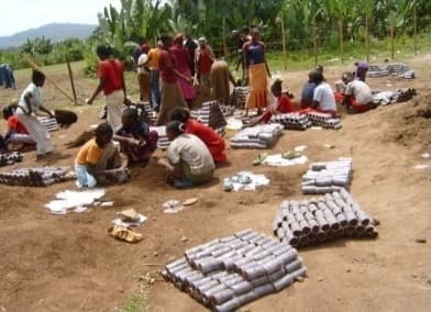 Community members preparing seedling nursery bags